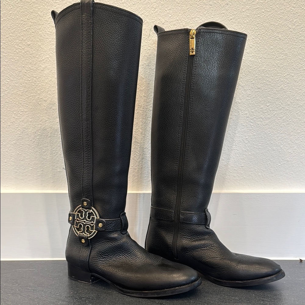 Tory Burch Black Leather Riding Boots with Gold Accent